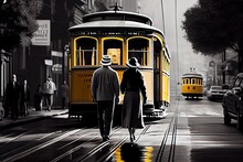 Couple Walking On Stree, 1930, With Tram, City,illustration