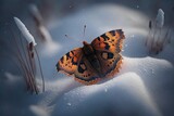butterlfy fluttering in snow-covered field, its delicate wings a warm contrast to the chill of winter, created with generative ai