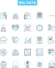 Big Data Vector Line Icons Set. Hadoop, Analytics, Mining, Machine, Learning, Storage, Infrastructure Illustration Outline Concept Symbols And Signs