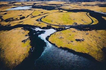 Poster - Spacious deserted valley with Iceland aerial river and hills, created with generative ai