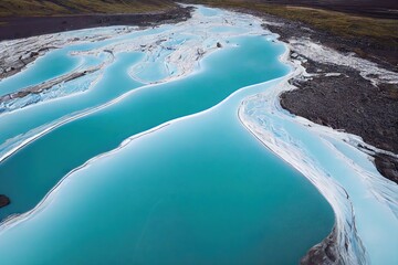 Poster - Bright turquoise Iceland aerial river with ice-covered banks, created with generative ai