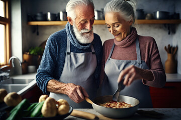 An older couple cooking a healthy vegan meal. Generative AI illustration.