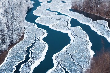 Poster - White snow-covered Iceland aerial river shores among cold fells, created with generative ai