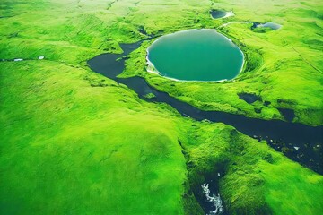 Poster - Bright green grass on banks of Iceland aerial river, created with generative ai