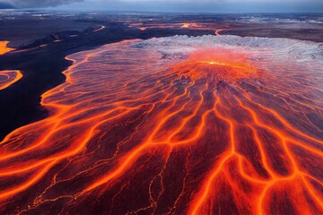 Wall Mural - Bright yellow orange tones in landscape of Iceland aerial river, created with generative ai