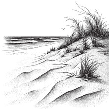 Hand Drawn Engraving Pen And Ink Beach View With Sand And Sea Vintage Vector Illustration