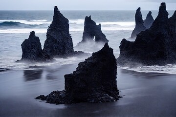 Wall Mural - Dark sharp rocks protrude from water on iceland beach, created with generative ai