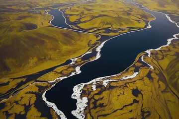 Sticker - Brown green and moss-covered iceland beach, created with generative ai