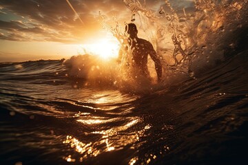 Wall Mural - silhouette of surfer catching the wave with sun on the back illustration generative ai