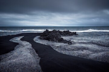 Poster - Sandy strip on no people iceland beach shore, created with generative ai