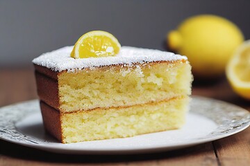 Poster - Piece Lemon cake with layer of cream on plate on table, created with generative ai