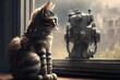 © primopiano - cat sitting and looking out the window, with robotic limb visible, created with generative ai