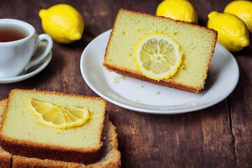 Poster - pieces of yellow Lemon cake cake on white plate on wooden table, created with generative ai