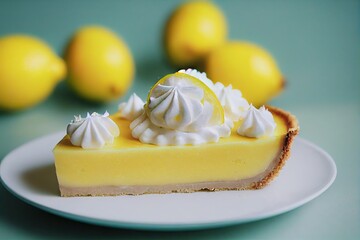 Poster - Yellow citrus lemon cake tart with cream on table, created with generative ai