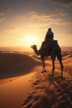 A Man Silhouette On Camel Going Through The Sand Dunes In The Desert, Sunset, AI Generative