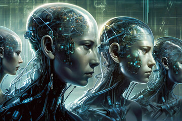 Wall Mural - inter connected human beings or androids. concept of artificial intelligence or collective intellige