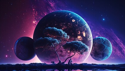 blue planet with three moons covered with purple luminous organic web