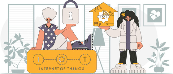 Guy and girl are a team in IoT industry, modern vector character style.
