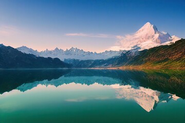 Canvas Print - Calm surface of mountain lake among beautiful mountain slopes, created with generative ai