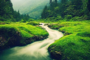 Canvas Print - Fast cold mountain river flowing among green banks covered with grass, created with generative ai