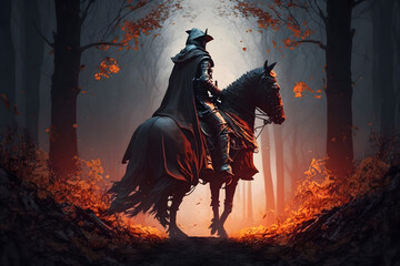 Knight with horse in the forest day. Generative AI