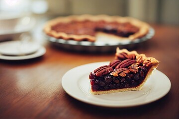 Sticker - Pecan pie piece with nuts on white plate on wooden table, created with generative ai