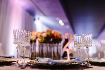 Serving guests, setting table. Two plates, silverware cutlery, glass, napkin. Wedding table decoration. Side view. Close up.