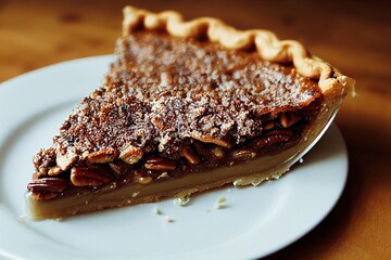 Poster - Cut piece of homemade pecan pie with crust in caramel on plate on blurred background, created with generative ai