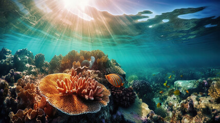 Wall Mural - Ocean underwater scene of picturesque coral reef. Based on Generative AI