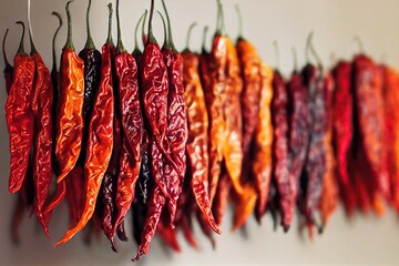 Wall Mural - Long dried red pepper hanging on rope on gray background, created with generative ai