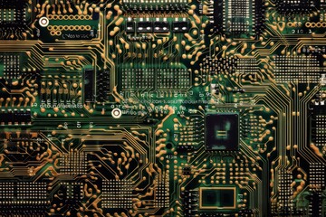 Fototapete - Colorful Printed Circuit Board, Computer Motherboard Components: Microchips, CPU Processor, Transistors, Semiconductors. Top View Moving Macro Shot. Generative ai