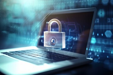 Leinwandbilder - Cyber network concept, holding global network security. Safety, Closed Padlock on digital. Cyber security, information privacy and data protection concept on server room background. Generative ai