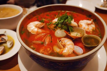 Poster - Delicious seafood soup with mussels and shrimp and tomato broth, created with generative ai