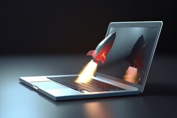 Poster - Rocket taking off from laptop screen on black background, startup concept, Generative AI