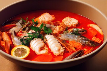 Wall Mural - Large portion of delicious seafood soup with mussels with tomato sauce and seafood, created with generative ai