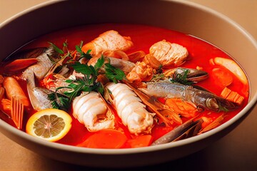 Sticker - Large portion of delicious seafood soup with mussels with tomato sauce and seafood, created with generative ai