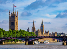 View Over The River Thames Towards The Palace Of Westminster, London, England