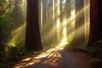 Poster - Forest path among tall trees in sequoia forest, created with generative ai