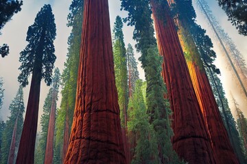 Wall Mural - Huge tree trunks with red bark in sequoia forest, created with generative ai