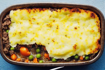 Canvas Print - Delicious shepherds pie with carrots, cheese, potatoes and meat for lunch, created with generative ai