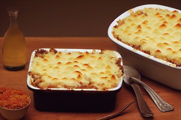 Wall Mural - Homemade food Shepherds pie with vegetables, mushrooms, potatoes and meat under cheese crust, created with generative ai