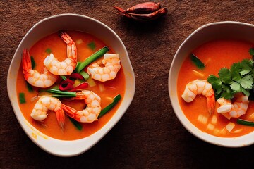 Poster - Delicious Asian tom yam soup with seafood and addition of coconut milk, created with generative ai