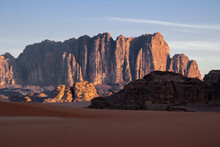 Red Rocks And Mountains At Sunrise In The Wadi Rum Desert, UNESCO World Heritage Site, Jordan