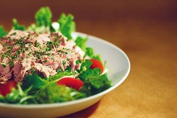 Wall Mural - Tuna salad with canned tuna and green lettuce leaves, created with generative ai