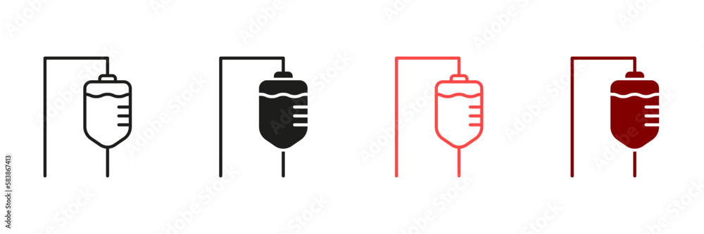 Iv Drip Line and Silhouette Icon Set. Medicine Treatment, Injection Black and Color Sign. Infusion Medication Aid Symbol Collection. Infusion Medical Bag Pictogram. Isolated Vector Illustration