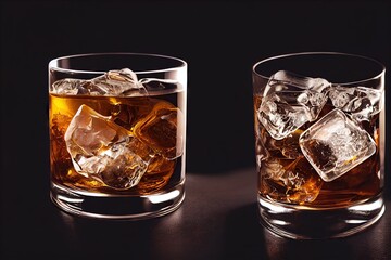 Poster - Whiskey-filled glass with ice cubes and golden whiskey, created with generative ai