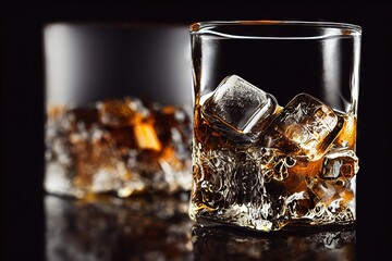 Poster - Large chunks of ice in drink poured into whiskey glass, created with generative ai