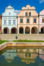 Iconic Houses At Zacharias Of Hradec Square Reflecting In Horni Kasna (Upper Fountain), UNESCO World Heritage Site, Telc