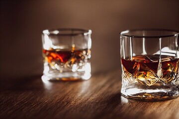 Poster - Scotch whisky in whiskey glass with ice on wooden background, created with generative ai