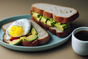 Wall Mural - Toast with avocado, onion and egg on large round plate, created with generative ai